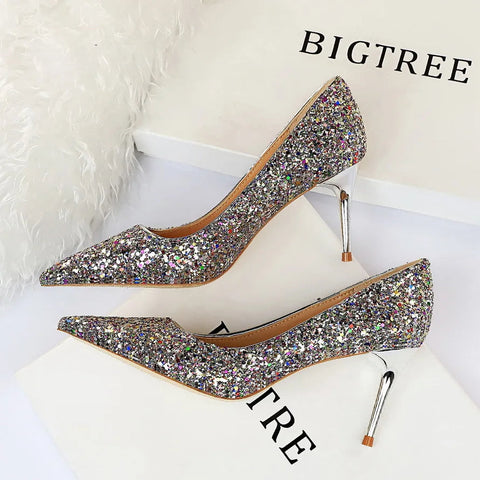 2024 summer new  style sexy nightclub slim heels for women's skinny heels fashion glitter single shoes