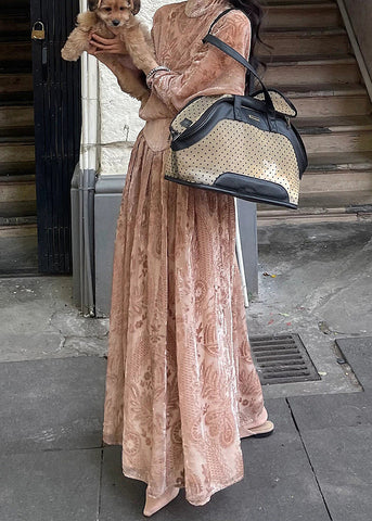 French Turtleneck Print Flattering Silk Velvet Long Dresses Fall