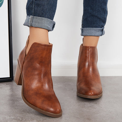Cutout Western Ankle Cowboy Boots Chunky Stacked Heel Booties