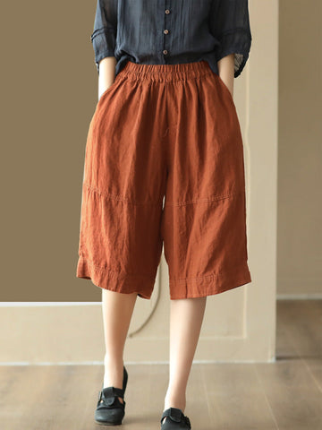 Women Summer Vintage Solid Spliced Pocket Loose Linen Pants