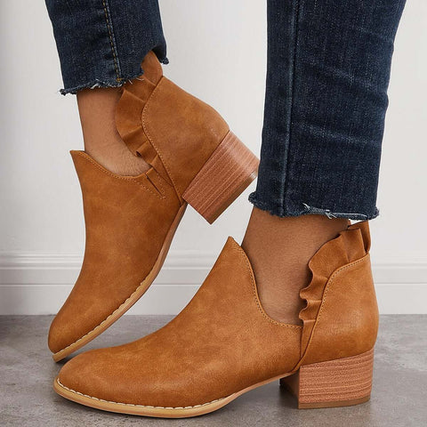 V-Cut Ruffle Ankle Boots Slip on Chunky Stacked Heel Booties