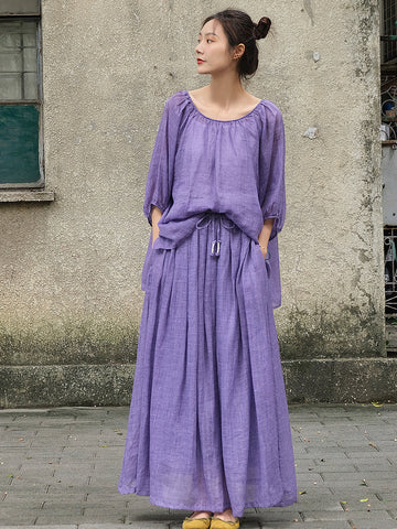 Women  Summer Casual Solid Pleat Drawstring Loose Shirt+Skirt