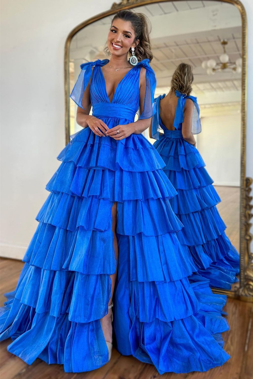 Princess A Line Deep V Neck Pink Prom Dress with Ruffles