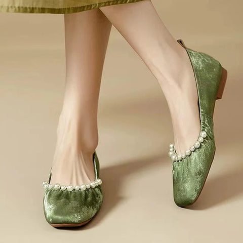 Women Bead Square Toe Flats Shoes Shallow Elegant Ballet Dance Soft Sole Shoes 2024 Autumn Dress Party Shoes Comfort Zapatos