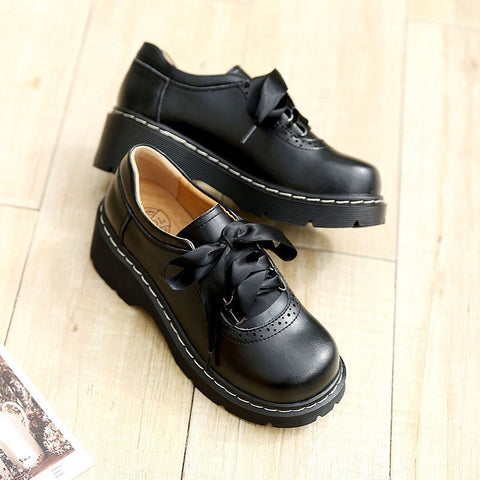 Women Ribbon Lace Up Oxford Shoes Genuine Split Leather Brogues New Arrival Retro Ladies Flats Zapatos De Mujer