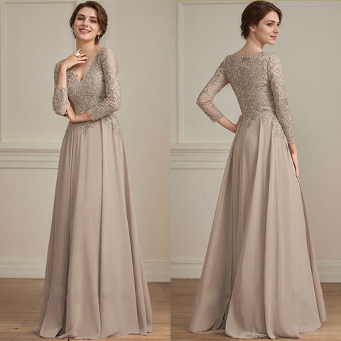 A-line V-Neck Floor-Length Lace Chiffon Mother of the Bride Dress With Sequins