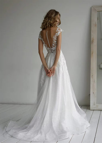 Lace A-line V-neck Sleeveless Sweep Train Wedding Dress, Bridal Gowns