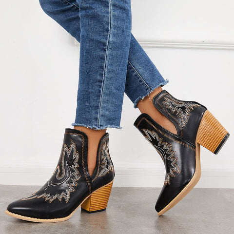 Western Ankle Cowgirl Boots Slip on Cutout Chunky Heel Booties
