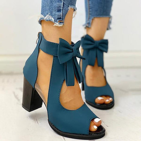 Mesh Chunky Block Heels Bowknot Strappy Sandals