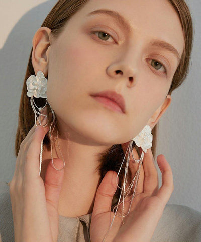 Elegant White Flower Tasseled Metal Drop Earrings