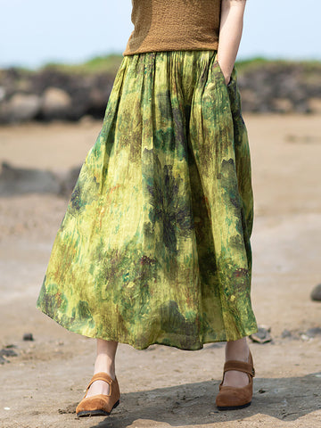 Plus Size Women Summer Vintage Ink-print Pleat Pocket Ramie Skirt