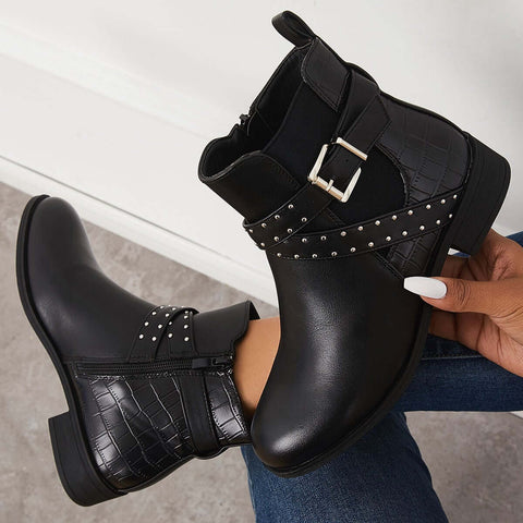 Chunky Low Heel Chelsea Booties Buckle Strap Ankle Boots