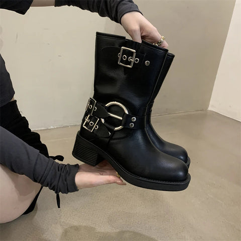 2024 Winter Short Boots For Women Fashion Belt Buckle Biker Boots Female Elegant Square Heel Women's Knight Bootties