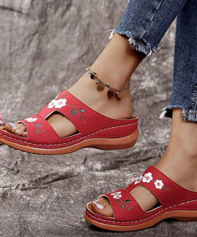 0508Bohemian Red Embroideried Faux Leather Splicing Wedge Slide Sandals