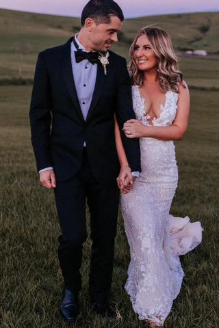 Bmbridal White Mermaid Wedding Dress V-Neck With Lace Appliques