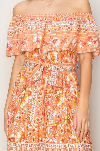 Floral Off-Shoulder Tie Front Boho Maxi Beach Dress
