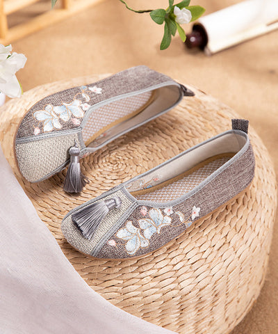 Boho Weiße Quastenstickerei Leinenstoff Plattfußschuhe