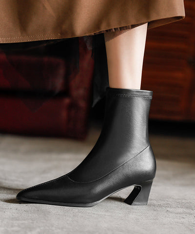 Style Elegant Splicing Chunky Boots Black Pointed Toe