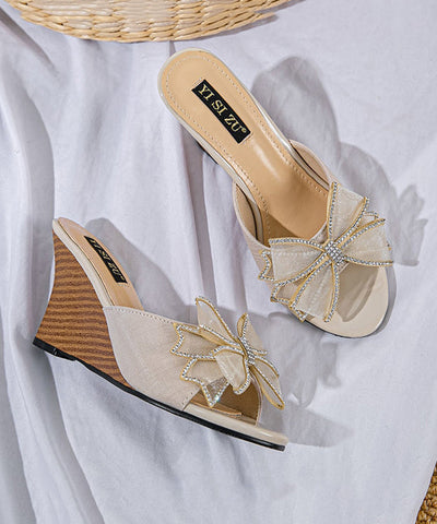 Stilvolle Splicing Wedge Heels Slide Sandalen Black Bow Peep Toe