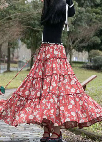 Vintage Red Print Cinched Patchwork Cotton Skirts Summer