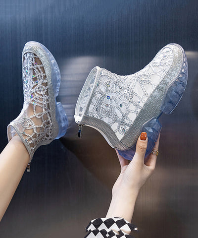 Comfy White Hollow Out Zircon Cross Strap Wedge Boots
