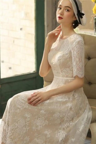 Half Sleeves Wedding Dress Tea-Length Lace Appliques