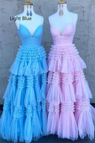 Tulle Tiered Spaghetti Straps Long Prom Dress with Slit