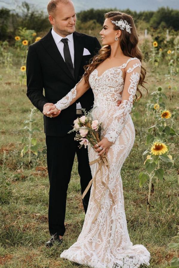Bmbridal Long Sleeves Lace Wedding Dress Mermaid Boho Bridal Gowns
