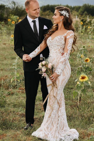 Bmbridal Long Sleeves Lace Wedding Dress Mermaid Boho Bridal Gowns