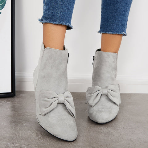 Bowknot Kittten Heel Ankle Boots Side Zipper Dress Short Booties