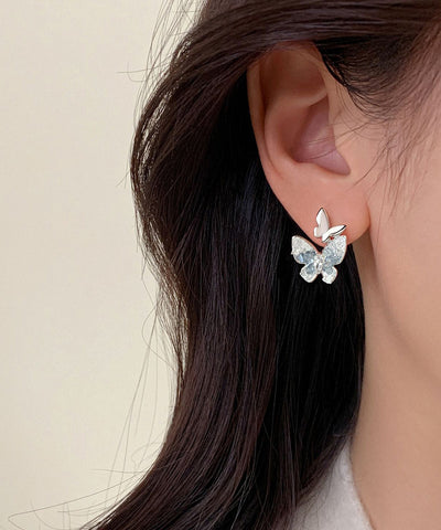 Stylish Light Green Sterling Silver Overgild Zircon Butterfly Stud Earrings
