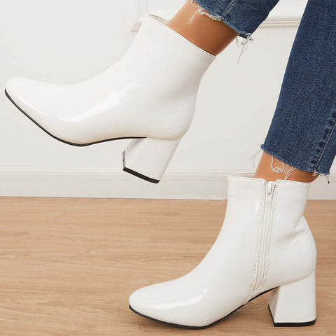 Patent Leather Block Heel Ankle Booties Square Toe Side Zipper Boots