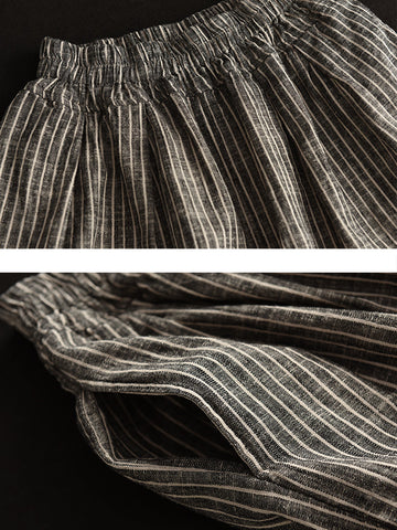 Plus Size Women Summer Vintage Stripe Pocket Loose Linen Harem Pants