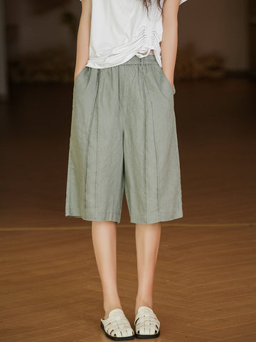 Women Summer Casual Solid Stitching Straight-leg Linen Pants