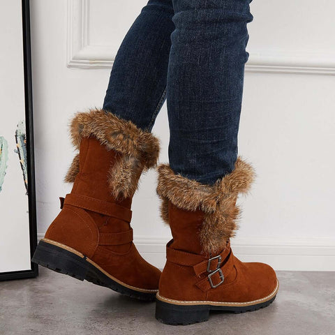 Warm Fur Mid Calf Snow Boots Block Heel Furry Winter Booties
