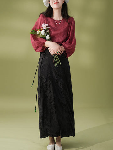 Women Summer Vintage Solid Drawstring Loose Shirt+Skirt