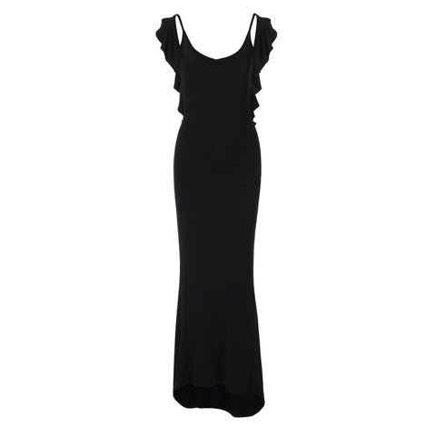 Gespleißtes langes Kleid mit Holzohrkante, offenem Rücken, V-Ausschnitt, engem Wickelkleid mit Hüftgurt, sexy, plissiertes Temperament, langes Kleid
