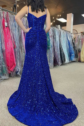 Red Spaghetti Straps Sequins Mermaid Long Corset Prom Dress with Slit