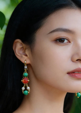 Stylish Orange Crystal And Fine Turquoise Drop Earrings
