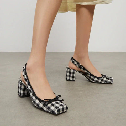 New DesignWomen Chunky Heeled Sandals Retro SquareToe Mary JanesPumpsSlingbacks Spring Summer High Heels  Plaid Shoes
