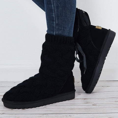 Knit Splicing Warm Ankle Boots Lace Up Winter Short Booties