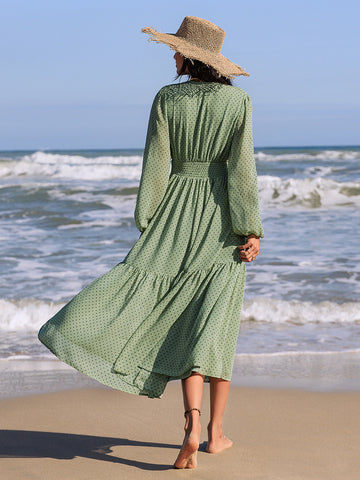 Langärmliges Midikleid mit Stickerei und Polka Dots zum Binden am Hals