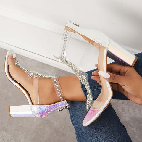 Rhinestone Block Chunky High Dress Heels T-Strap Sandals