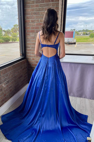 A-Linie Spaghettiträger Königsblau Langes Ballkleid mit Perlenbesatz