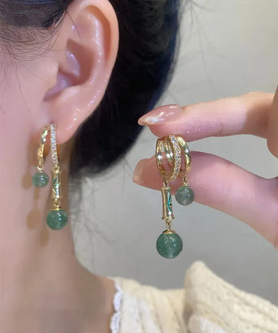 Chinese Style Gold Copper Zircon Cat's Eye Drop Earrings