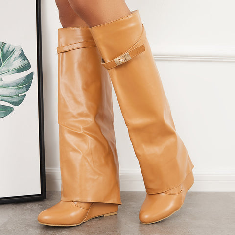 Women Pointed Toe Fold Over Wedge Heel Knee High Boots