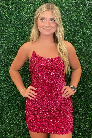 Unique Sheath Spaghetti Straps Fuchsia Sequins Short Homecoming Dress