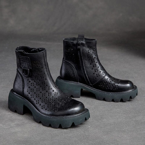 Women Reto Hollow Leather Lug Sole Summer Boots