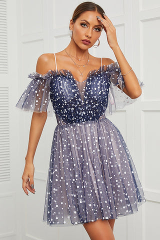 Schulterfreies Cocktailkleid mit Polka Dots