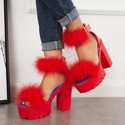Furry Platform Chunky High Heels Open Toe Ankle Strap Sandals